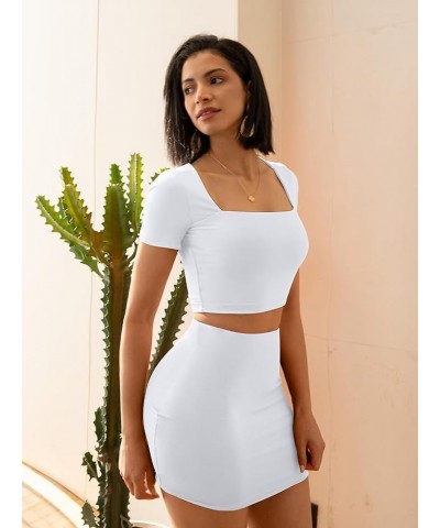 Women Summer Sexy Bodycon Square Neck Crop Top Mini Skirt 2 Piece Sets Club Dress White1 $10.75 Dresses