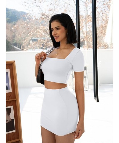 Women Summer Sexy Bodycon Square Neck Crop Top Mini Skirt 2 Piece Sets Club Dress White1 $10.75 Dresses