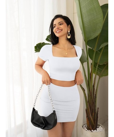 Women Summer Sexy Bodycon Square Neck Crop Top Mini Skirt 2 Piece Sets Club Dress White1 $10.75 Dresses