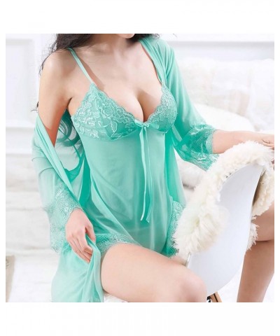 Women's Lingerie Set 3 Pieces Lace Nightdress and Shorts Satin Silk Pajamas with Robe Sleepwear Chemise Lounge Dress Green $1...