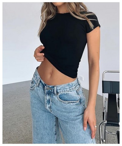 Women's Short Sleeve Crop Tee Shirt Workout Basic Solid Form Fit Round Neck Going Out Tshirt Casual Yoga Black $11.19 T-Shirts