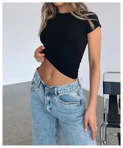 Women's Short Sleeve Crop Tee Shirt Workout Basic Solid Form Fit Round Neck Going Out Tshirt Casual Yoga Black $11.19 T-Shirts