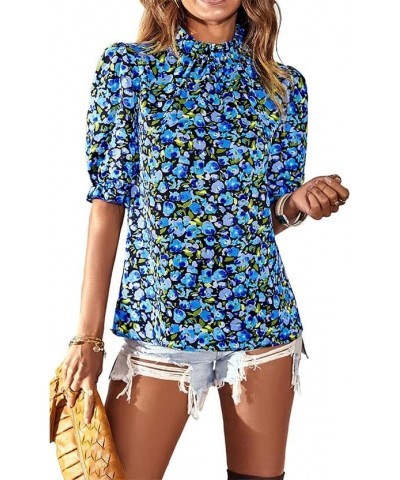 Women's Summer Boho Mock Neck Floral Print Short Sleeve Casual Pleated Vacation Blouse Shirts Top Blue Floral-4 $16.00 Blouses