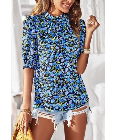 Women's Summer Boho Mock Neck Floral Print Short Sleeve Casual Pleated Vacation Blouse Shirts Top Blue Floral-4 $16.00 Blouses