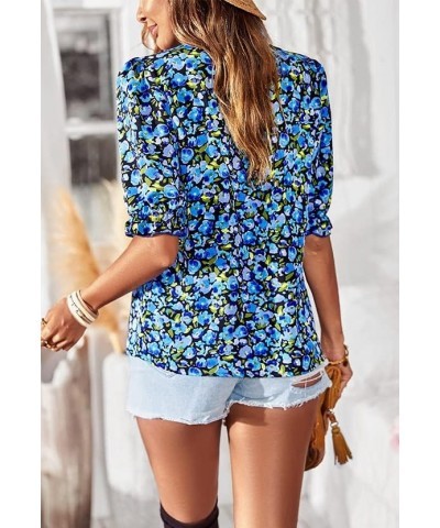 Women's Summer Boho Mock Neck Floral Print Short Sleeve Casual Pleated Vacation Blouse Shirts Top Blue Floral-4 $16.00 Blouses