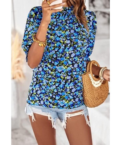 Women's Summer Boho Mock Neck Floral Print Short Sleeve Casual Pleated Vacation Blouse Shirts Top Blue Floral-4 $16.00 Blouses