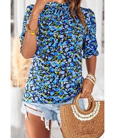 Women's Summer Boho Mock Neck Floral Print Short Sleeve Casual Pleated Vacation Blouse Shirts Top Blue Floral-4 $16.00 Blouses