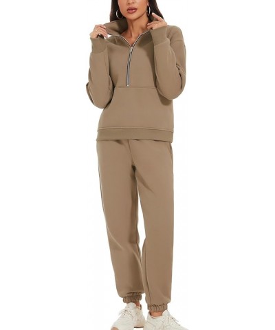 Womens Fashion Womens Joggers Sweat Sets Women Half Zipper 2 Piece Outfits Joggers Pants Sweatshirt Set Travel Khaki $30.20 A...