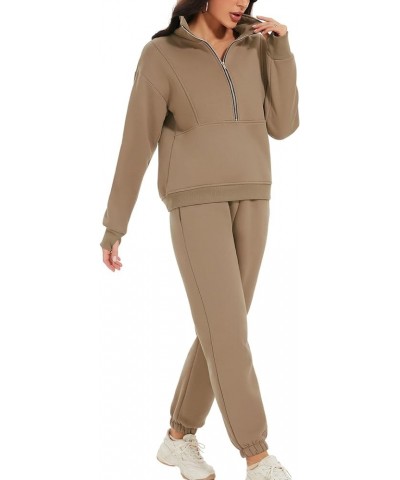 Womens Fashion Womens Joggers Sweat Sets Women Half Zipper 2 Piece Outfits Joggers Pants Sweatshirt Set Travel Khaki $30.20 A...