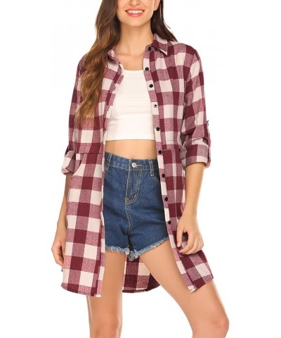 Womens Flannel Plaid Shirts Roll Up Long Sleeve Pockets Mid-Long Casual Boyfriend Shirts Wine Red $17.22 Blouses