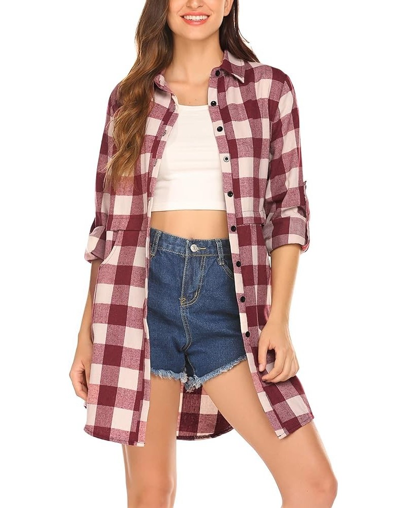 Womens Flannel Plaid Shirts Roll Up Long Sleeve Pockets Mid-Long Casual Boyfriend Shirts Wine Red $17.22 Blouses