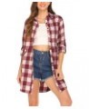 Womens Flannel Plaid Shirts Roll Up Long Sleeve Pockets Mid-Long Casual Boyfriend Shirts Wine Red $17.22 Blouses