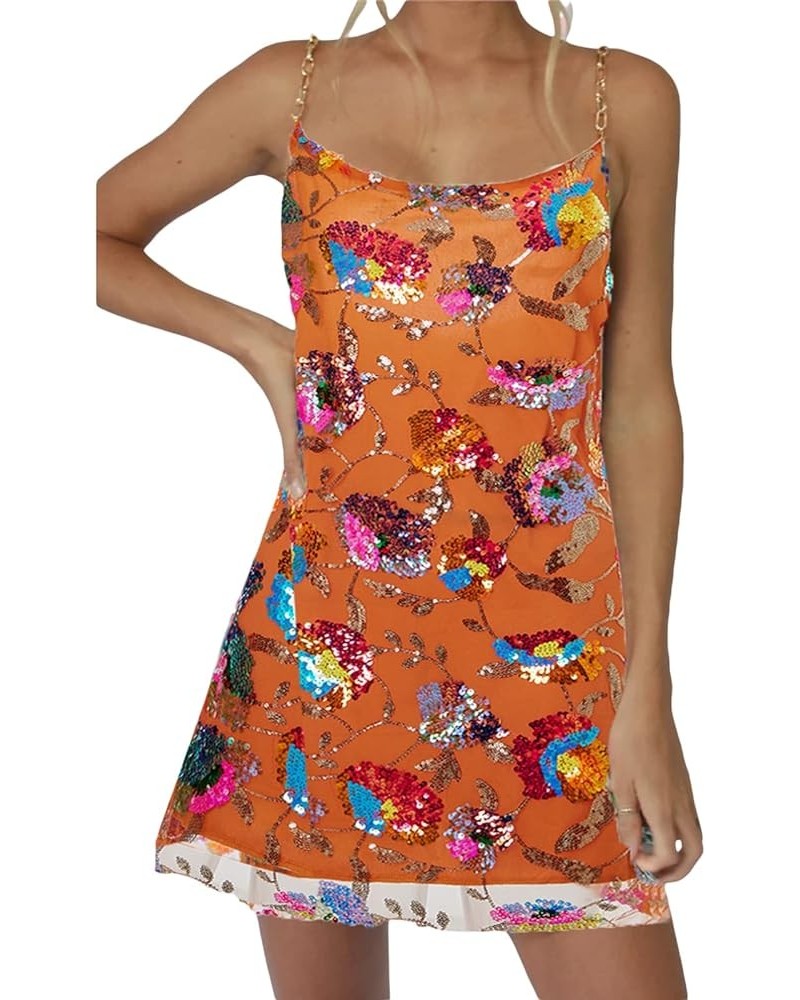 Women Sequin Dresses Backless Spaghetti Sexy Dress Low Cut Flower Dress Sparkly Rave Party Cocktail Clubwear Orange $19.71 Dr...