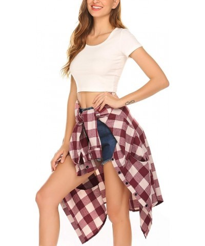 Womens Flannel Plaid Shirts Roll Up Long Sleeve Pockets Mid-Long Casual Boyfriend Shirts Wine Red $17.22 Blouses