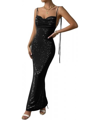 Women's Glitter Cocktail Party Dress Tie Shoulder Cowl Neck Backless Long Maxi Cami Dress Solid Black $13.99 Dresses