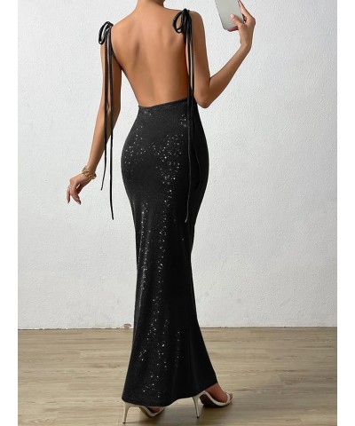 Women's Glitter Cocktail Party Dress Tie Shoulder Cowl Neck Backless Long Maxi Cami Dress Solid Black $13.99 Dresses