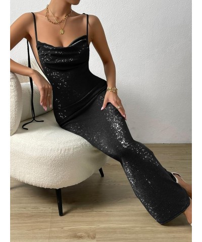 Women's Glitter Cocktail Party Dress Tie Shoulder Cowl Neck Backless Long Maxi Cami Dress Solid Black $13.99 Dresses