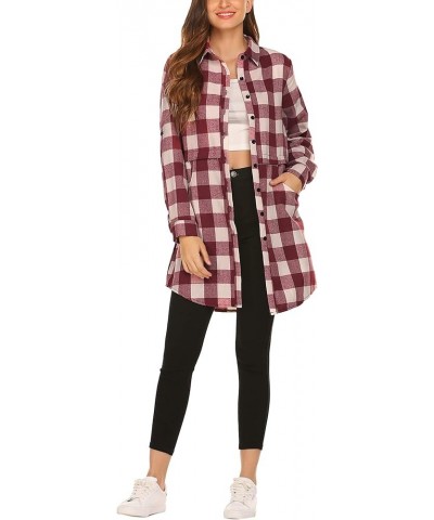 Womens Flannel Plaid Shirts Roll Up Long Sleeve Pockets Mid-Long Casual Boyfriend Shirts Wine Red $17.22 Blouses