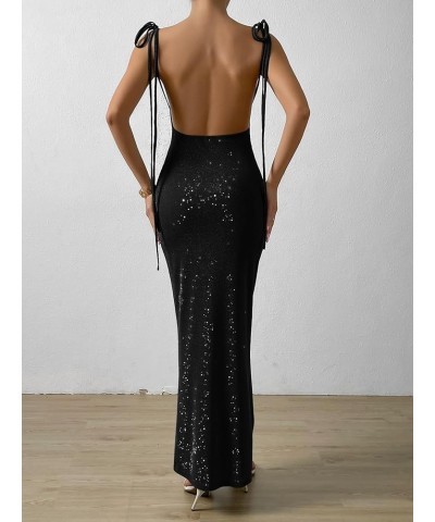 Women's Glitter Cocktail Party Dress Tie Shoulder Cowl Neck Backless Long Maxi Cami Dress Solid Black $13.99 Dresses