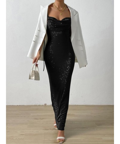 Women's Glitter Cocktail Party Dress Tie Shoulder Cowl Neck Backless Long Maxi Cami Dress Solid Black $13.99 Dresses