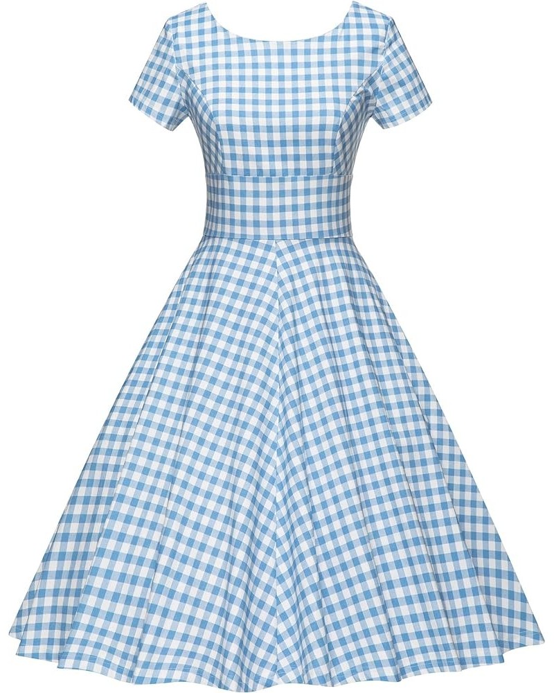 Women's 1950s Vintage Dresses Short Sleeves Cocktail Stretchy Party Dresses with Pocket Blue Plaid $23.51 Dresses