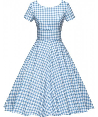 Women's 1950s Vintage Dresses Short Sleeves Cocktail Stretchy Party Dresses with Pocket Blue Plaid $23.51 Dresses