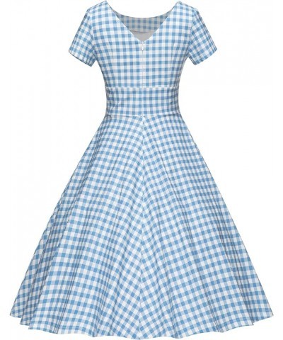 Women's 1950s Vintage Dresses Short Sleeves Cocktail Stretchy Party Dresses with Pocket Blue Plaid $23.51 Dresses