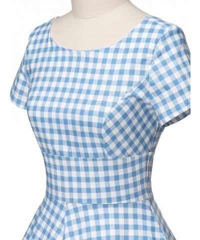 Women's 1950s Vintage Dresses Short Sleeves Cocktail Stretchy Party Dresses with Pocket Blue Plaid $23.51 Dresses