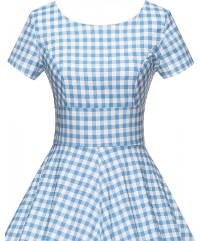 Women's 1950s Vintage Dresses Short Sleeves Cocktail Stretchy Party Dresses with Pocket Blue Plaid $23.51 Dresses