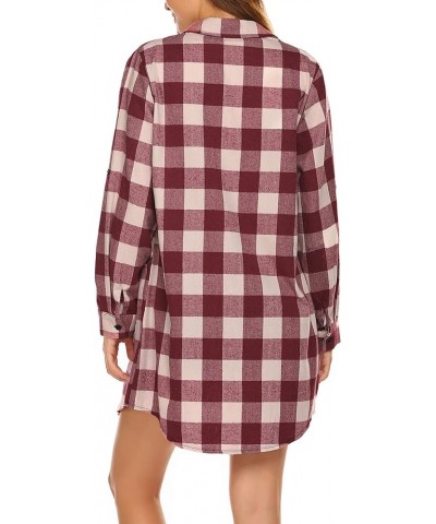 Womens Flannel Plaid Shirts Roll Up Long Sleeve Pockets Mid-Long Casual Boyfriend Shirts Wine Red $17.22 Blouses