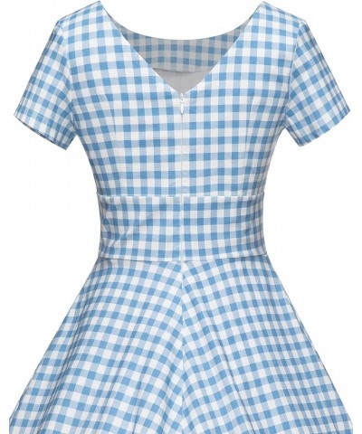 Women's 1950s Vintage Dresses Short Sleeves Cocktail Stretchy Party Dresses with Pocket Blue Plaid $23.51 Dresses