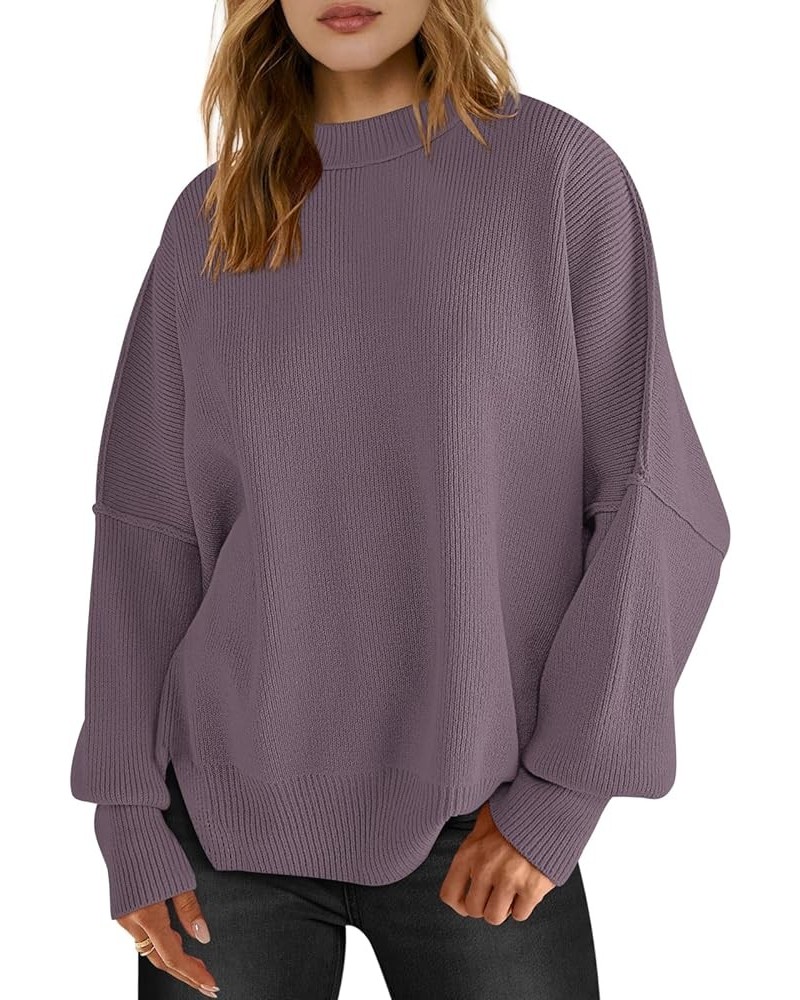 Women's Oversized Batwing Long Sleeve Crewneck Side Slit Ribbed Knit Pullover Sweater Tops Purple $22.05 Sweaters