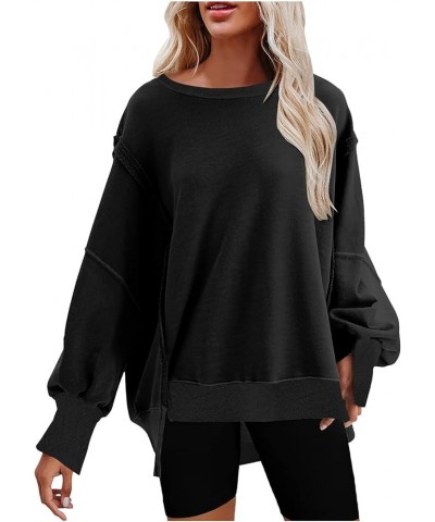 Women Crewneck Oversized Sweatshirt High Low Sloucthy Pullover Shirt Trendy Y2K Fall Sweater Teen Girls Clothing 2023 J02-bla...