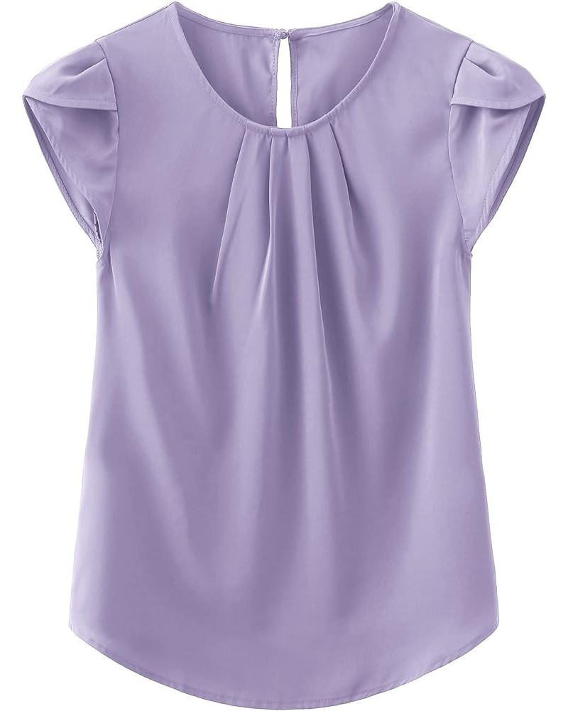 Women's Casual Round Neck Basic Pleated Top Cap Sleeve Curved Keyhole Back Chiffon Blouse A- Light Purple $15.89 Blouses