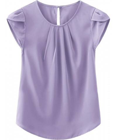 Women's Casual Round Neck Basic Pleated Top Cap Sleeve Curved Keyhole Back Chiffon Blouse A- Light Purple $15.89 Blouses