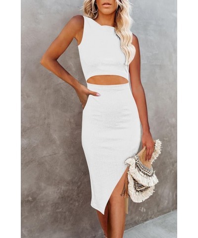 Womens Summer Bodycon Dresses Crew Neck Cutout Midi Dress Casual Slit Sleeveless Ribbed Knit Pencil Dress White $16.80 Dresses