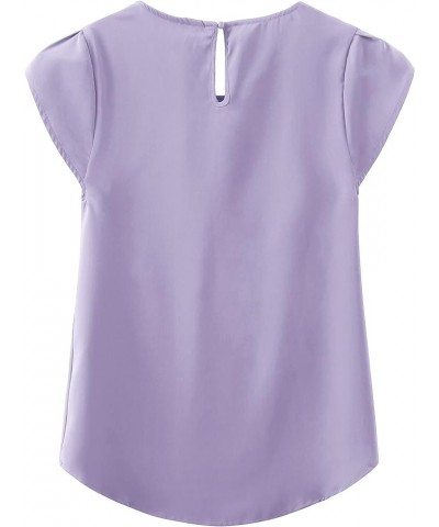 Women's Casual Round Neck Basic Pleated Top Cap Sleeve Curved Keyhole Back Chiffon Blouse A- Light Purple $15.89 Blouses