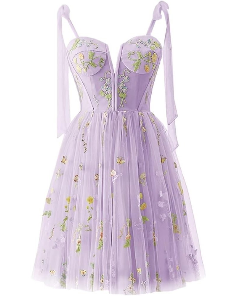 Women's Tulle Flower Embroidery Short Homecoming Dresses Spaghetti Straps A Line Graduation Party Dresses 3-purple $23.10 Dre...