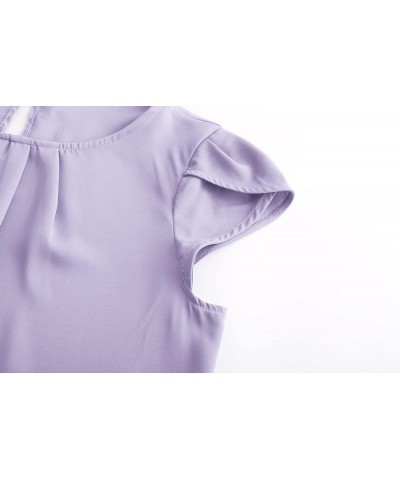 Women's Casual Round Neck Basic Pleated Top Cap Sleeve Curved Keyhole Back Chiffon Blouse A- Light Purple $15.89 Blouses