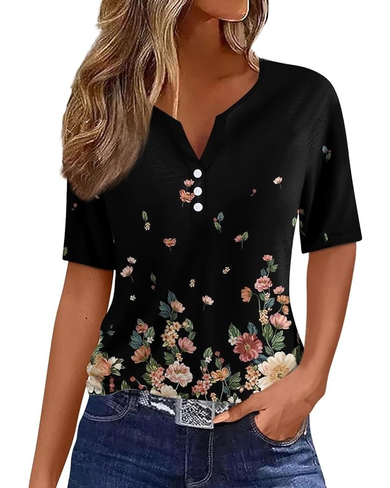 Womens Short Sleeve Tops Trendy V Neck T Shirts for Women Classic Graphic Tees Fashion Ladies Button Blouses C-multicolor $6....