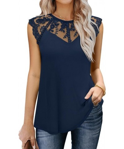 Women's Sleeveless Tops Lace Floral Casual Loose Blouses Tank Shirts 10 Navy Blue $15.42 Tanks