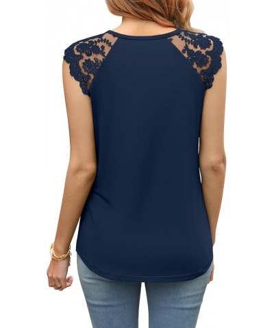 Women's Sleeveless Tops Lace Floral Casual Loose Blouses Tank Shirts 10 Navy Blue $15.42 Tanks