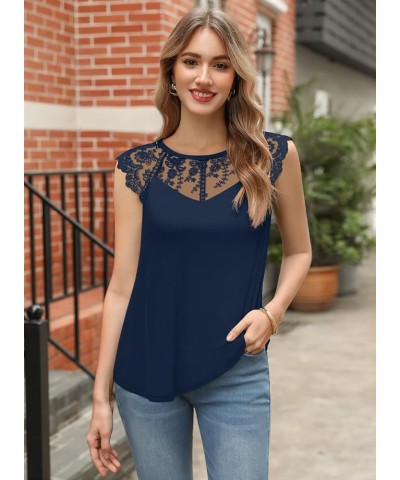 Women's Sleeveless Tops Lace Floral Casual Loose Blouses Tank Shirts 10 Navy Blue $15.42 Tanks