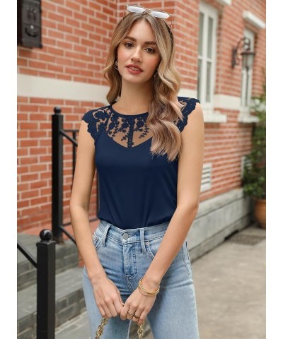 Women's Sleeveless Tops Lace Floral Casual Loose Blouses Tank Shirts 10 Navy Blue $15.42 Tanks