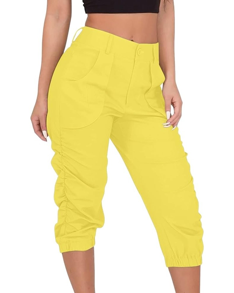 Women's Summer Capri Pants Cinch Bottom Ruched Loose Fit Casual Beach Plain Button Cropped Trousers Fashion Comfy Harem O22-y...