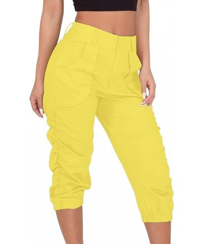 Women's Summer Capri Pants Cinch Bottom Ruched Loose Fit Casual Beach Plain Button Cropped Trousers Fashion Comfy Harem O22-y...