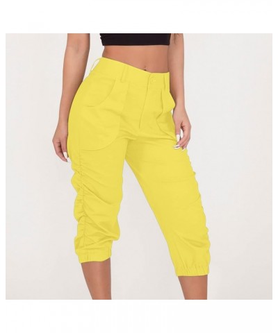 Women's Summer Capri Pants Cinch Bottom Ruched Loose Fit Casual Beach Plain Button Cropped Trousers Fashion Comfy Harem O22-y...