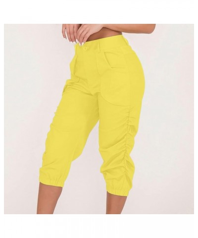 Women's Summer Capri Pants Cinch Bottom Ruched Loose Fit Casual Beach Plain Button Cropped Trousers Fashion Comfy Harem O22-y...