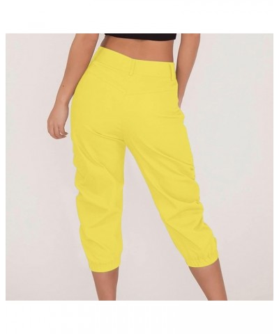 Women's Summer Capri Pants Cinch Bottom Ruched Loose Fit Casual Beach Plain Button Cropped Trousers Fashion Comfy Harem O22-y...