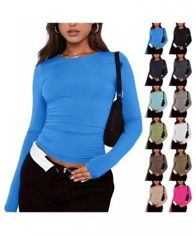 Crop Tops for Women Y2k Casual Y2k Long Sleeve Crop Top Sexy Basic Solid Skinny Crewneck Slim Fit Fitted Tight Tees 01-blue $...